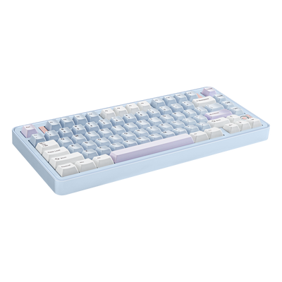 Angled view of Evo75 wireless mechanical keyboard in Sky Blue colour, ANSI 75% layout 
