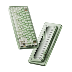 Evo75 wireless mechanical keyboard in Light Sage colour, shown from the top and the bottom with Evo75 logo window #color_light-sage