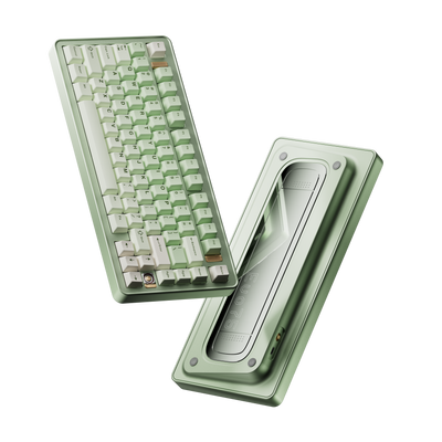 Evo75 wireless mechanical keyboard in Light Sage colour, shown from the top and the bottom with Evo75 logo window 