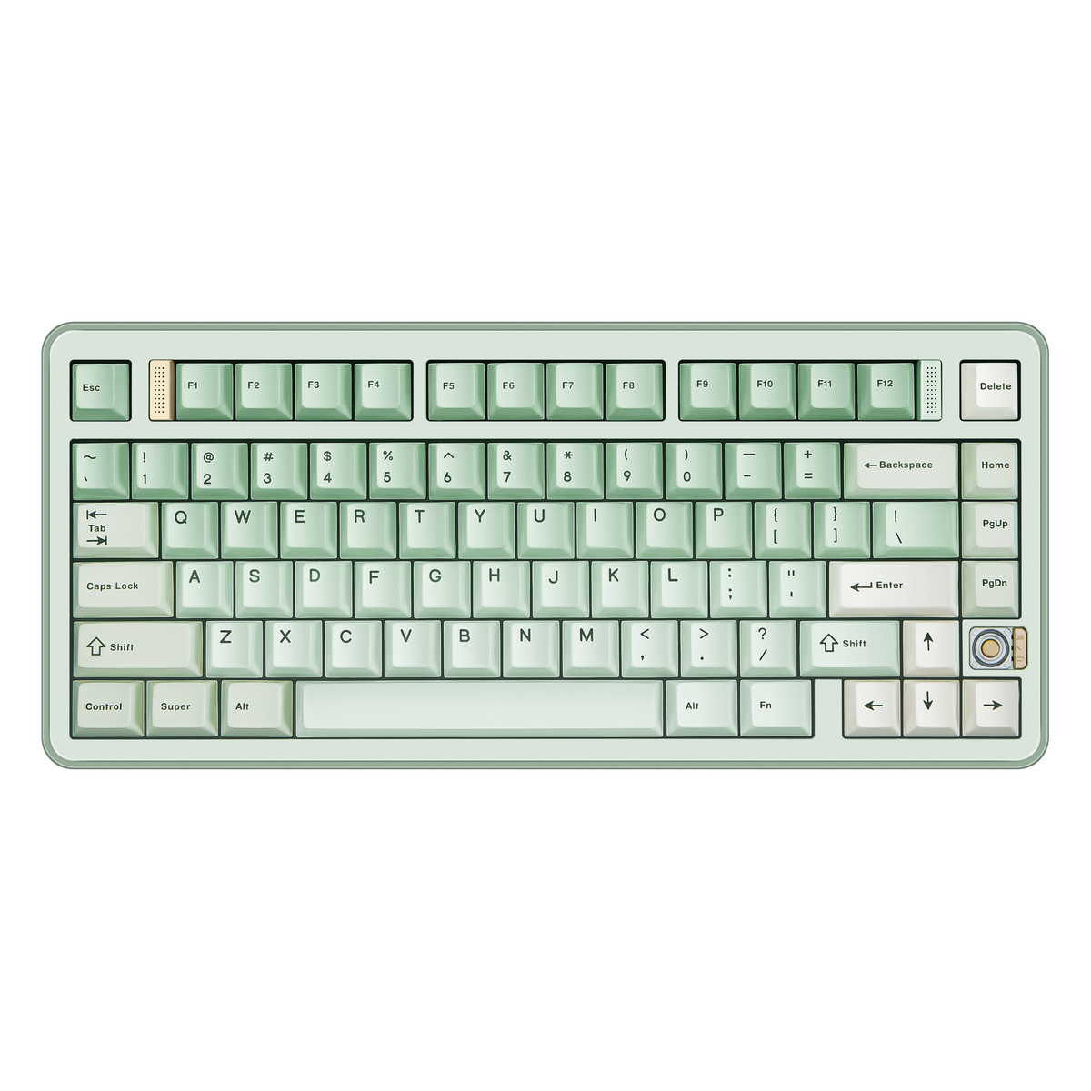 Top view of Evo75 wireless mechanical keyboard in Light Sage colour, ANSI 75% layout with rotary knob 