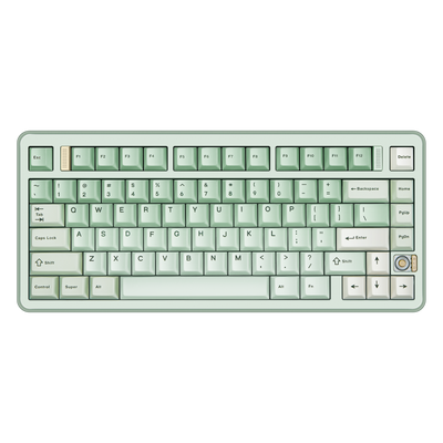 Top view of Evo75 wireless mechanical keyboard in Light Sage colour, ANSI 75% layout with rotary knob 
