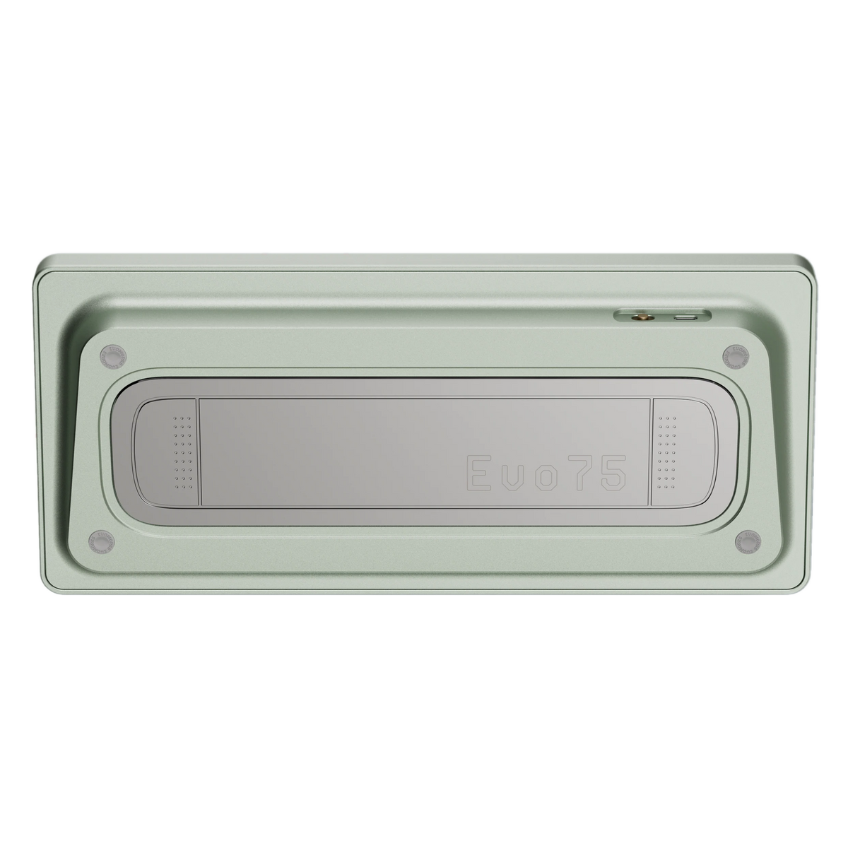 Bottom view of Evo75 wireless mechanical keyboard in Light Sage colour, showing Evo75 logo window and USB-C port 