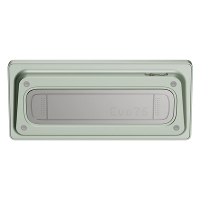 Bottom view of Evo75 wireless mechanical keyboard in Light Sage colour, showing Evo75 logo window and USB-C port 