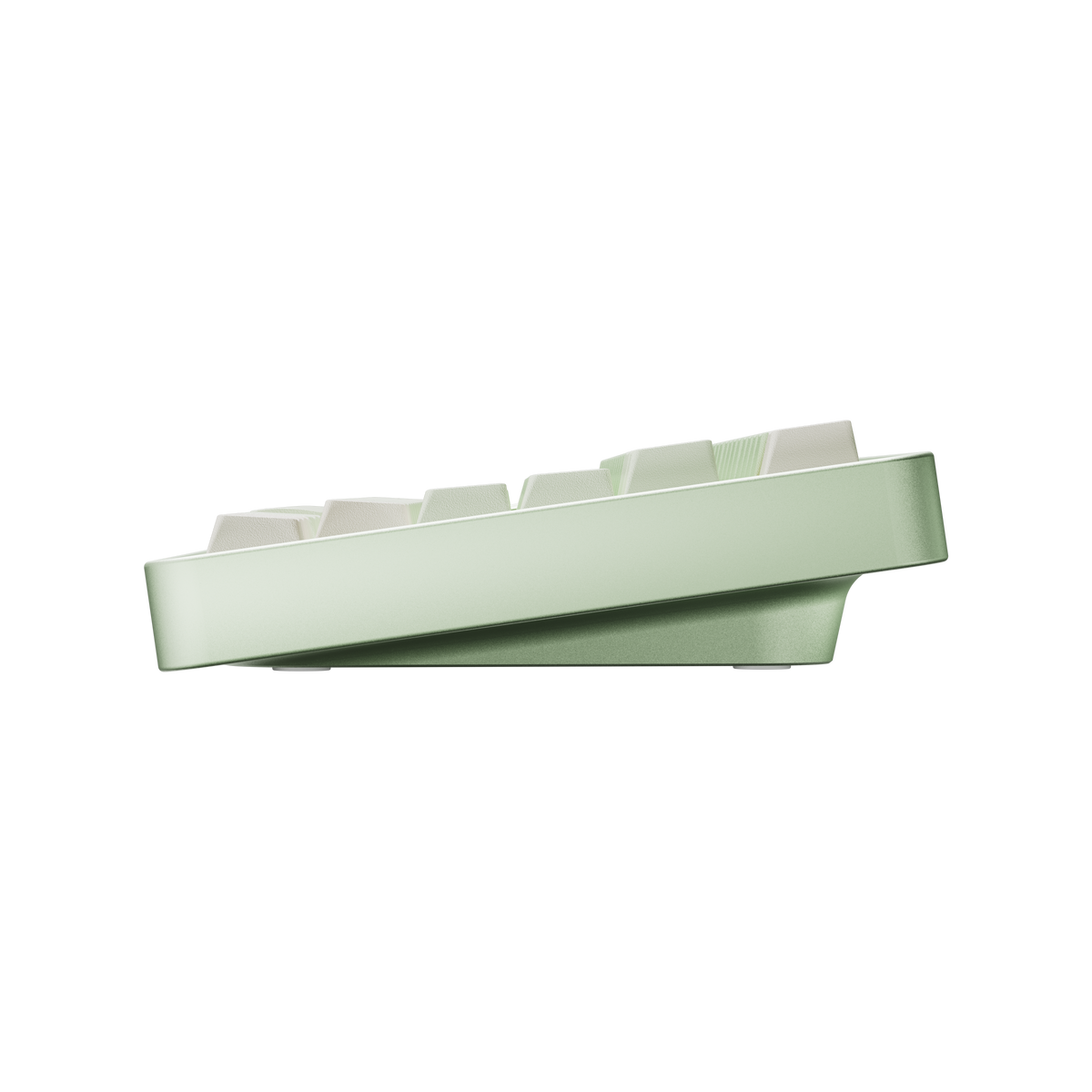 Side view of Evo75 wireless mechanical keyboard in Light Sage colour, showing case profile and typing angle 