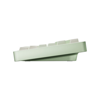 Side view of Evo75 wireless mechanical keyboard in Light Sage colour, showing case profile and typing angle 