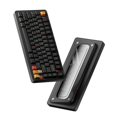 Evo75 wireless mechanical keyboard in Nebula colour, shown from the top and the bottom with Evo75 logo window 