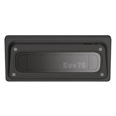 Bottom view of Evo75 wireless mechanical keyboard in Nebula colour, showing Evo75 logo window and USB-C port 