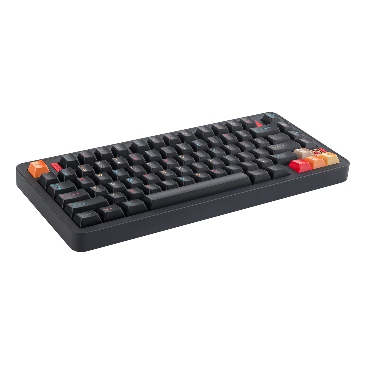Angled view of Evo75 wireless mechanical keyboard in Nebula colour, ANSI 75% layout 