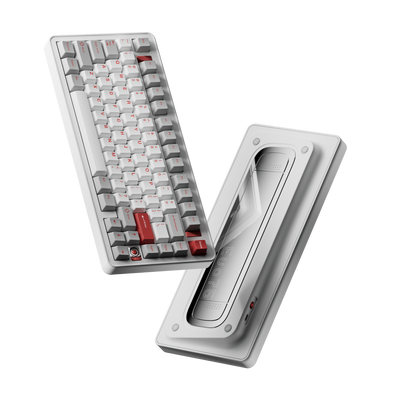 Evo75 wireless mechanical keyboard in Nova White colour, shown from the top and the bottom with Evo75 logo window 