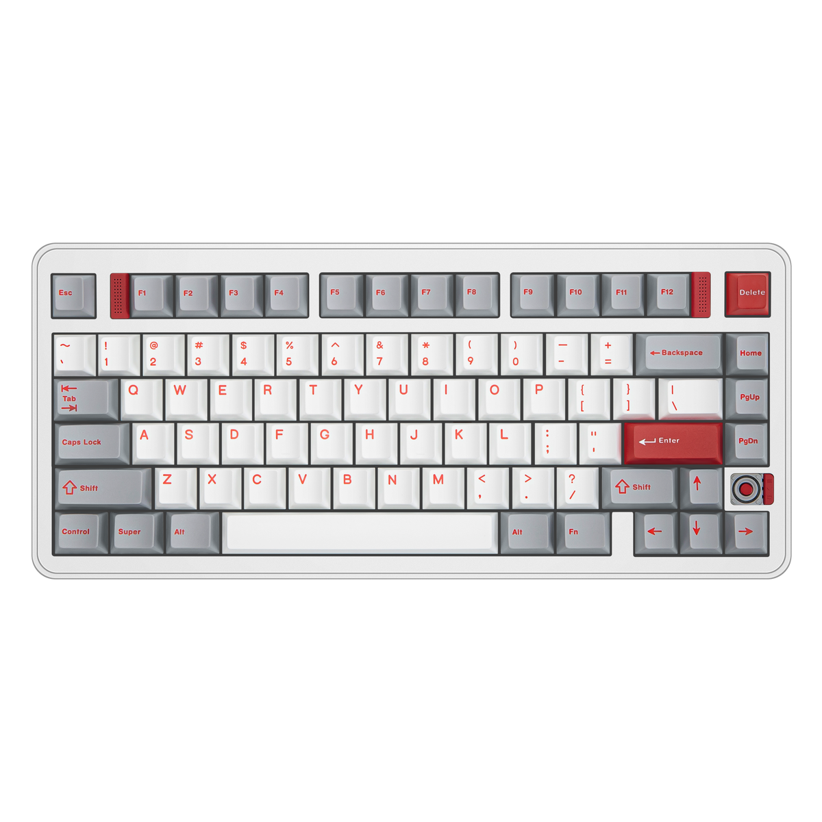 Top view of Evo75 wireless mechanical keyboard in Nova White colour, ANSI 75% layout with rotary knob 
