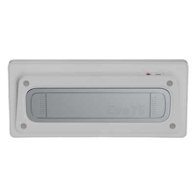 Bottom view of Evo75 wireless mechanical keyboard in Nova White colour, showing Evo75 logo window and USB-C port 