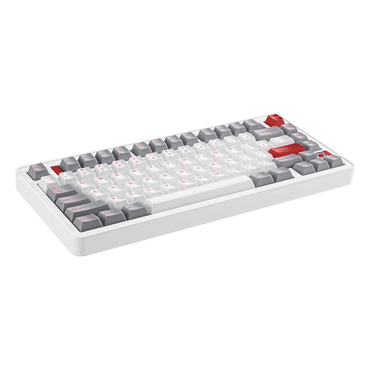 Angled view of Evo75 wireless mechanical keyboard in Nova White colour, ANSI 75% layout 