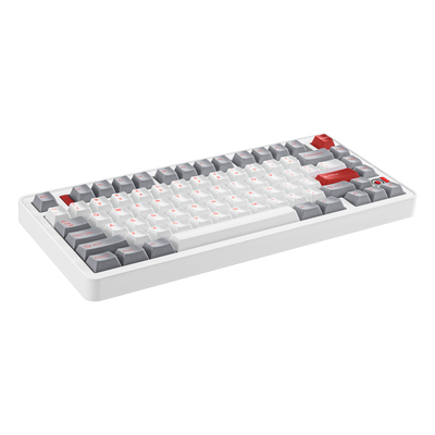 Angled view of Evo75 wireless mechanical keyboard in Nova White colour, ANSI 75% layout 