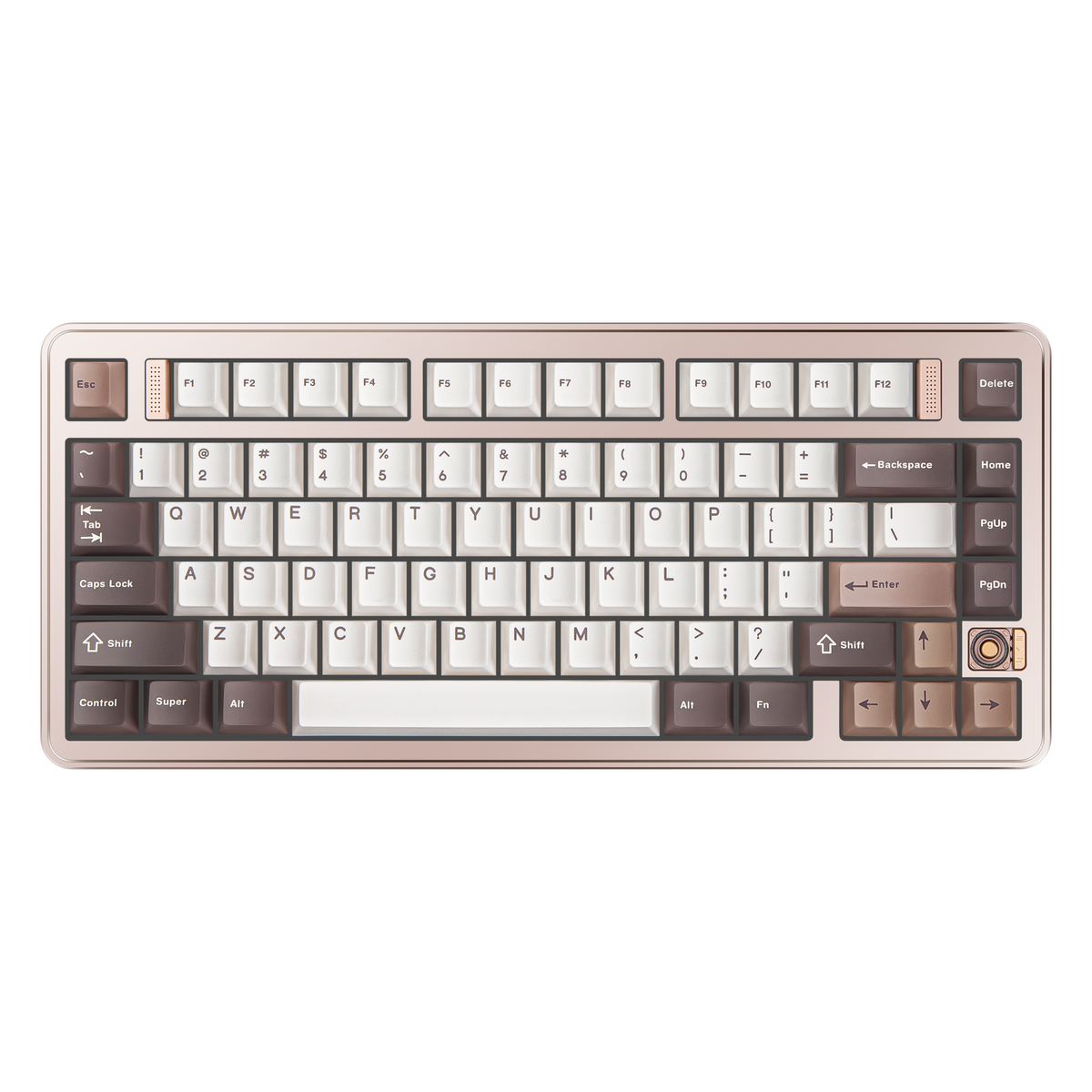 Top view of Evo75 wireless mechanical keyboard in Sandgold colour, ANSI 75% layout with rotary knob 