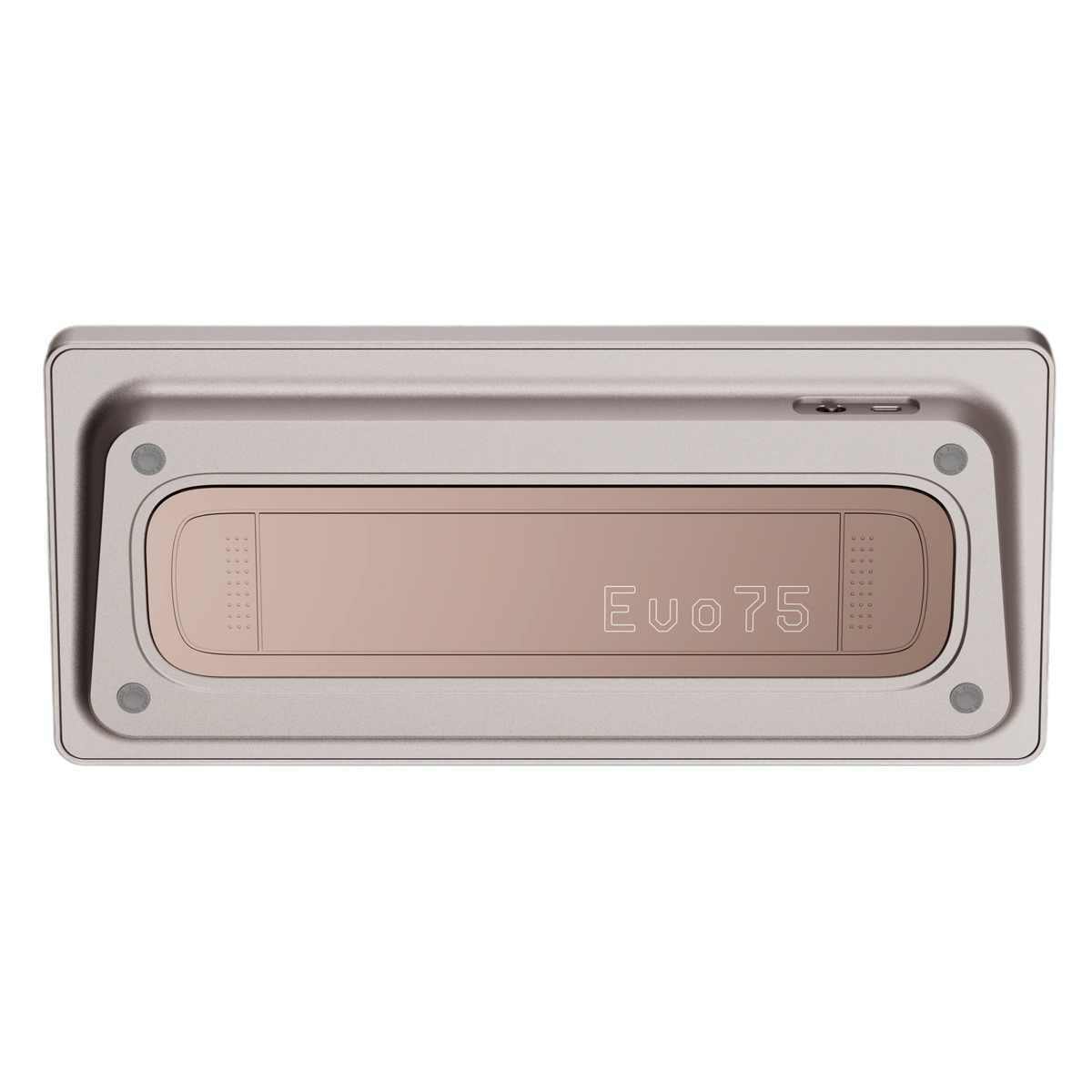 Bottom view of Evo75 wireless mechanical keyboard in Sandgold colour, showing Evo75 logo window and USB-C port 