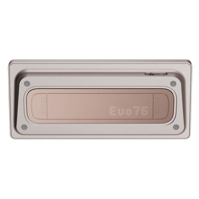Bottom view of Evo75 wireless mechanical keyboard in Sandgold colour, showing Evo75 logo window and USB-C port 