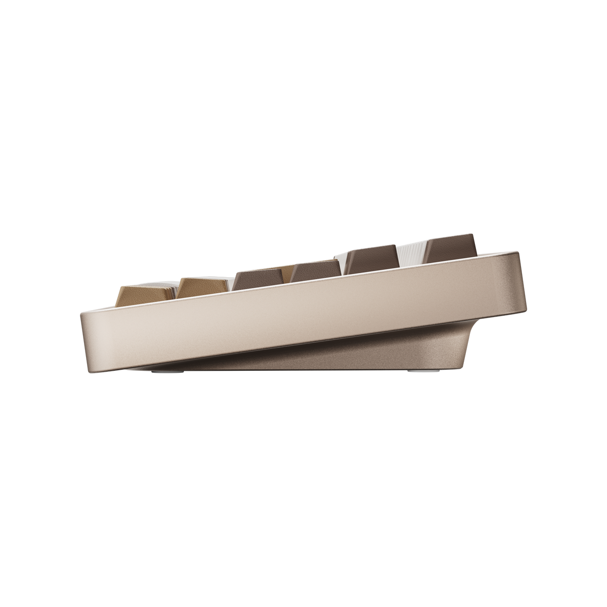 Side view of Evo75 wireless mechanical keyboard in Sandgold colour, showing case profile and typing angle 