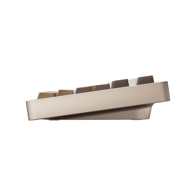 Side view of Evo75 wireless mechanical keyboard in Sandgold colour, showing case profile and typing angle 