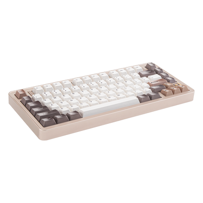 Angled view of Evo75 wireless mechanical keyboard in Sandgold colour, ANSI 75% layout 