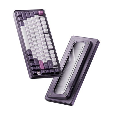 Evo75 wireless mechanical keyboard in Tyrian colour, shown from the top and the bottom with Evo75 logo window 
