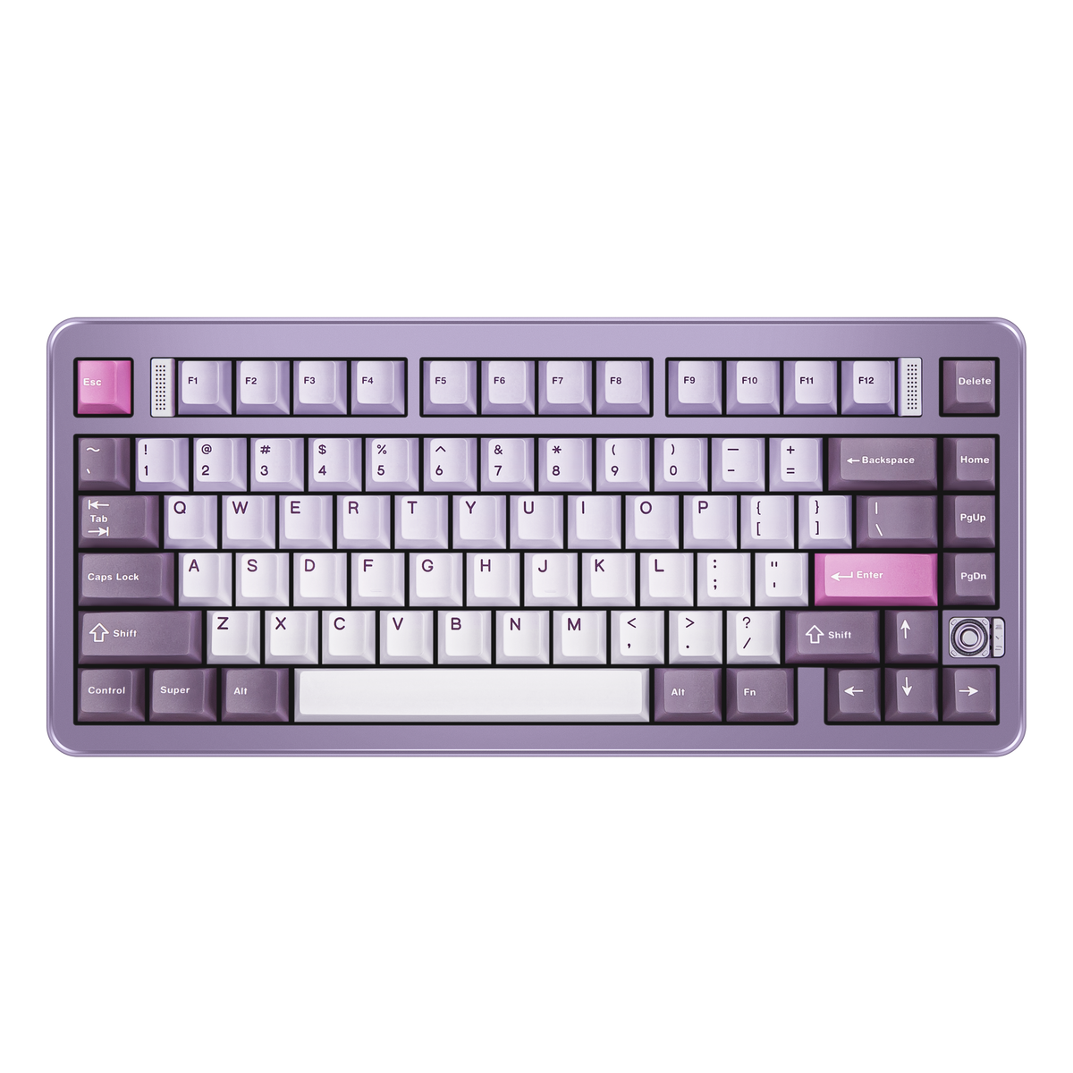 Top view of Evo75 wireless mechanical keyboard in Tyrian colour, ANSI 75% layout with rotary knob 