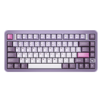 Top view of Evo75 wireless mechanical keyboard in Tyrian colour, ANSI 75% layout with rotary knob 