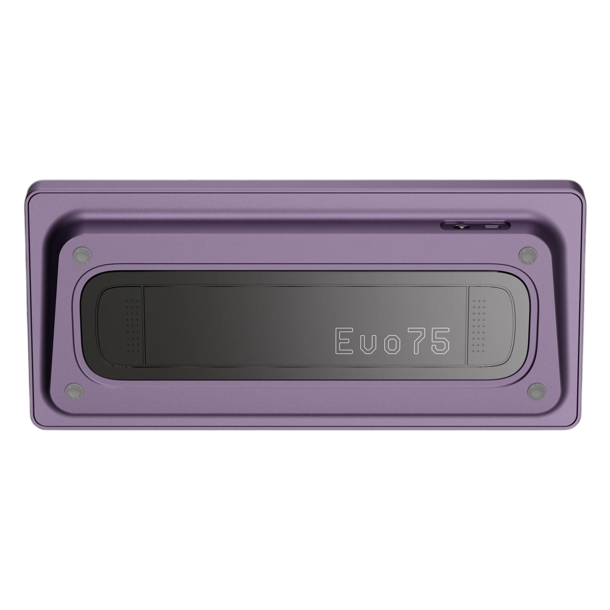 Bottom view of Evo75 wireless mechanical keyboard in Tyrian colour, showing Evo75 logo window and USB-C port 