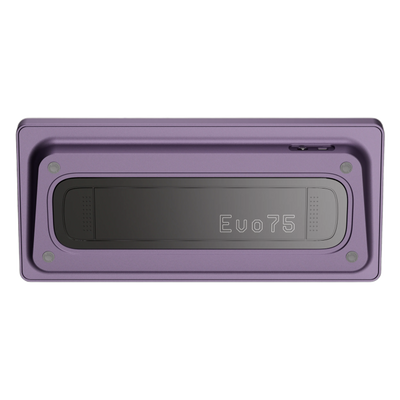 Bottom view of Evo75 wireless mechanical keyboard in Tyrian colour, showing Evo75 logo window and USB-C port 