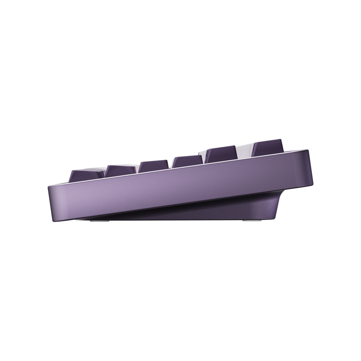Side view of Evo75 wireless mechanical keyboard in Tyrian colour, showing case profile and typing angle 