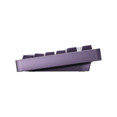 Side view of Evo75 wireless mechanical keyboard in Tyrian colour, showing case profile and typing angle 