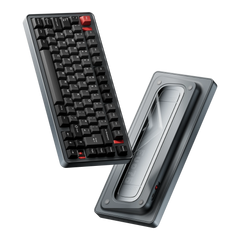 Evoworks Evo75 wireless mechanical keyboard in Basalt Grey with black and red keycaps, floating front and bottom case view #color_basalt-grey