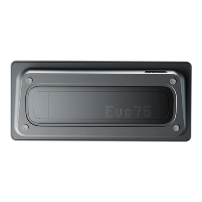 Evoworks Evo75 wireless mechanical keyboard in Basalt Grey, bottom case view with Evo75 logo window 
