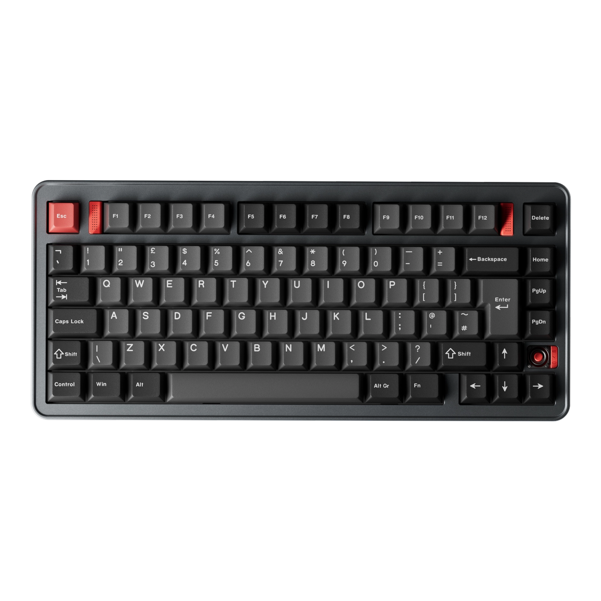 Evoworks Evo75 wireless mechanical keyboard in Basalt Grey with black and red keycaps, top-down view, UK ISO layout 
