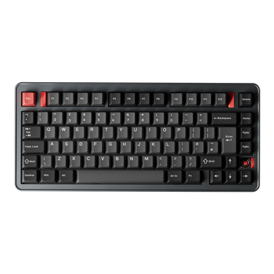 Evoworks Evo75 wireless mechanical keyboard in Basalt Grey with black and red keycaps, top-down view, UK ISO layout 