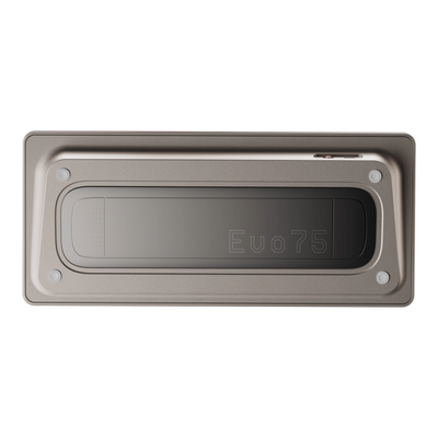 Evoworks Evo75 wireless mechanical keyboard in First Light, bottom case view with Evo75 logo window 