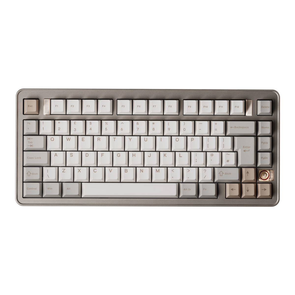 Evoworks Evo75 wireless mechanical keyboard in First Light with white and beige keycaps, top-down view, UK ISO layout 