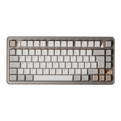 Evoworks Evo75 wireless mechanical keyboard in First Light with white and beige keycaps, top-down view, UK ISO layout 
