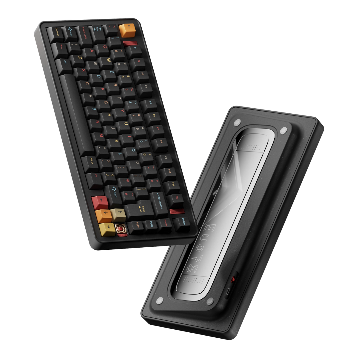 Evoworks Evo75 wireless mechanical keyboard in Nebula with black keycaps with red, orange and yellow accents, floating front and bottom case view 