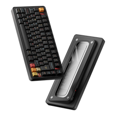 Evoworks Evo75 wireless mechanical keyboard in Nebula with black keycaps with red, orange and yellow accents, floating front and bottom case view #color_nebula
