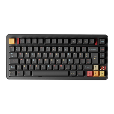 Evoworks Evo75 wireless mechanical keyboard in Nebula with black keycaps with red, orange and yellow accents, top-down view, UK ISO layout 