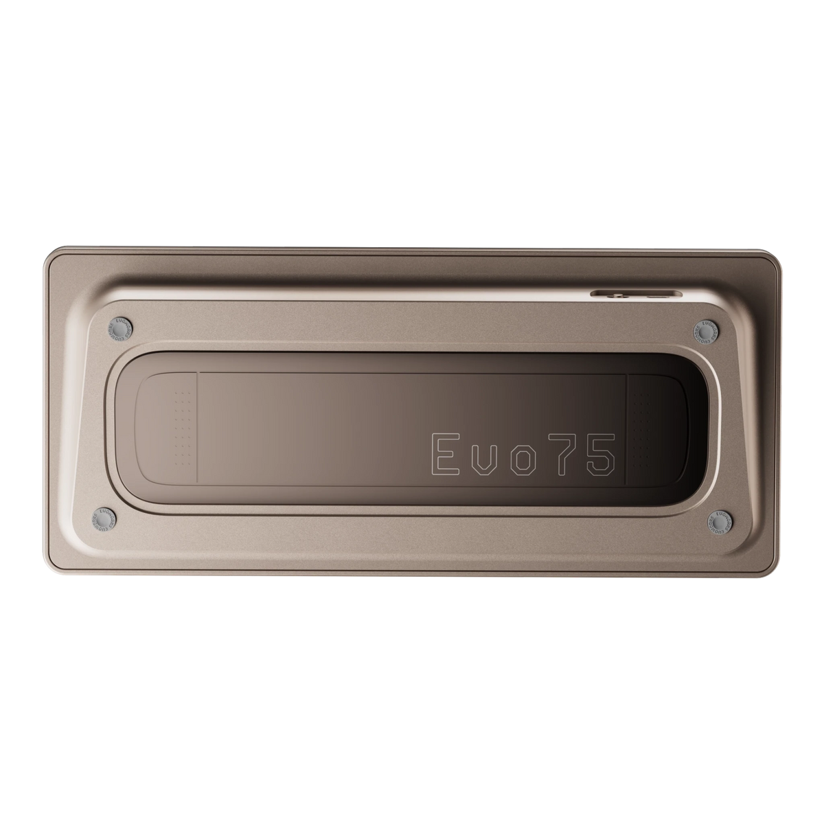 Evoworks Evo75 wireless mechanical keyboard in Sandgold, bottom case view with Evo75 logo window 