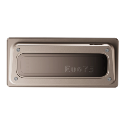 Evoworks Evo75 wireless mechanical keyboard in Sandgold, bottom case view with Evo75 logo window 