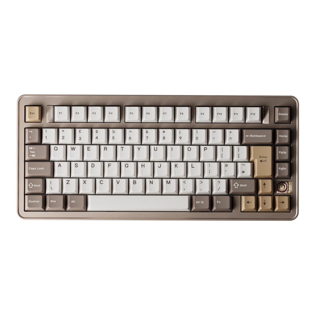 Evoworks Evo75 wireless mechanical keyboard in Sandgold with white, taupe and gold keycaps, top-down view, UK ISO layout 