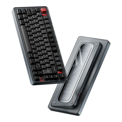 Evoworks Evo75 wireless mechanical keyboard in Basalt Grey with black and red keycaps, floating front and bottom case view, AZERTY FR layout