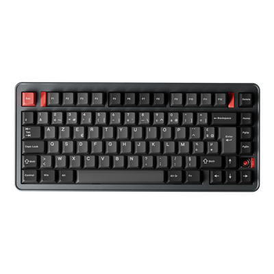 Evoworks Evo75 wireless mechanical keyboard in Basalt Grey with black and red keycaps, top-down view, AZERTY FR layout
