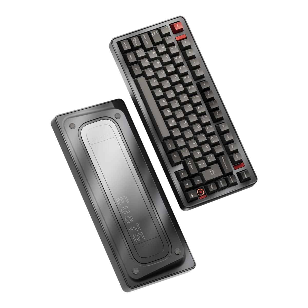 Evoworks Evo75 wireless mechanical keyboard in Basalt Grey with black and red keycaps, floating front and bottom case view, DE ISO layout