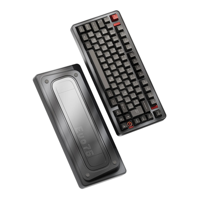 Evoworks Evo75 wireless mechanical keyboard in Basalt Grey with black and red keycaps, floating front and bottom case view, ES ISO layout