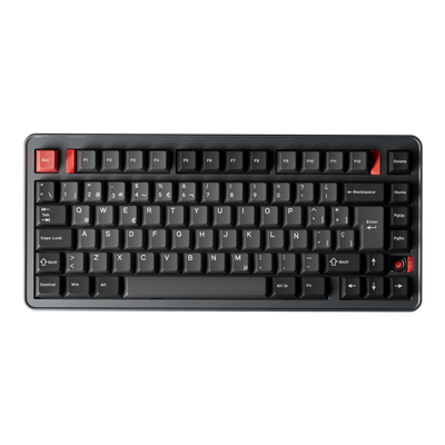 Evoworks Evo75 wireless mechanical keyboard in Basalt Grey with black and red keycaps, top-down view, ES ISO layout