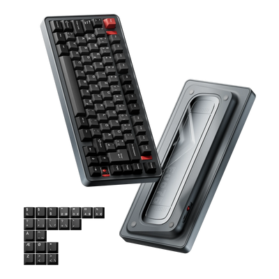 Evoworks Evo75 wireless mechanical keyboard in Basalt Grey with black and red keycaps, floating front and bottom case view with ISO Nordic replacement keycaps
