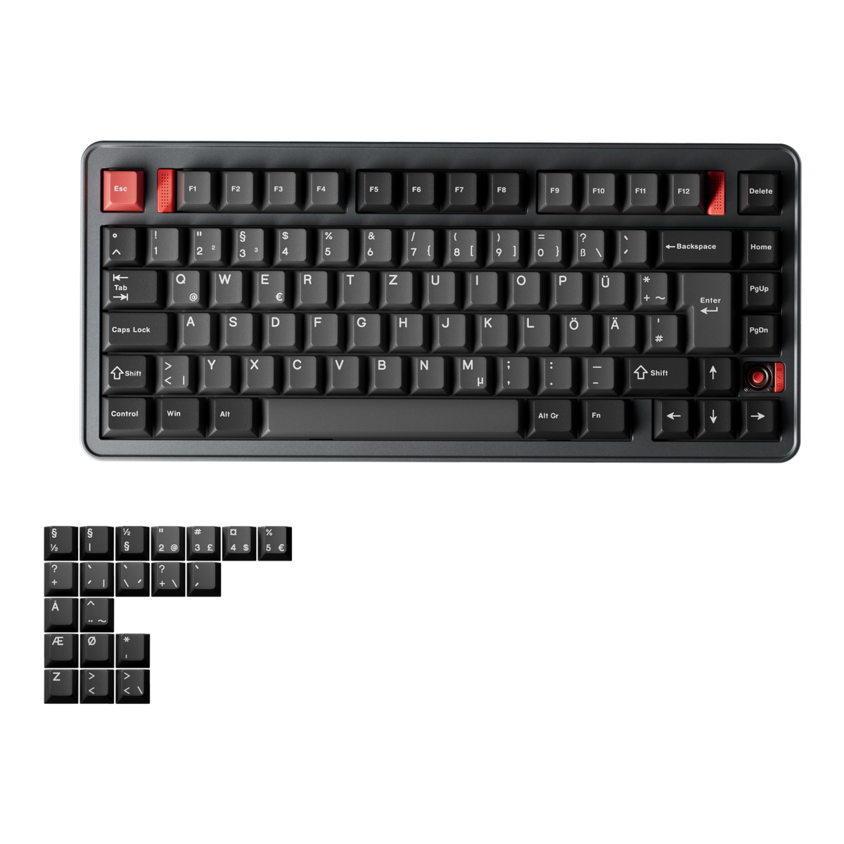 Evoworks Evo75 wireless mechanical keyboard in Basalt Grey with black and red keycaps, top-down view, German ISO base with ISO Nordic replacement keycaps